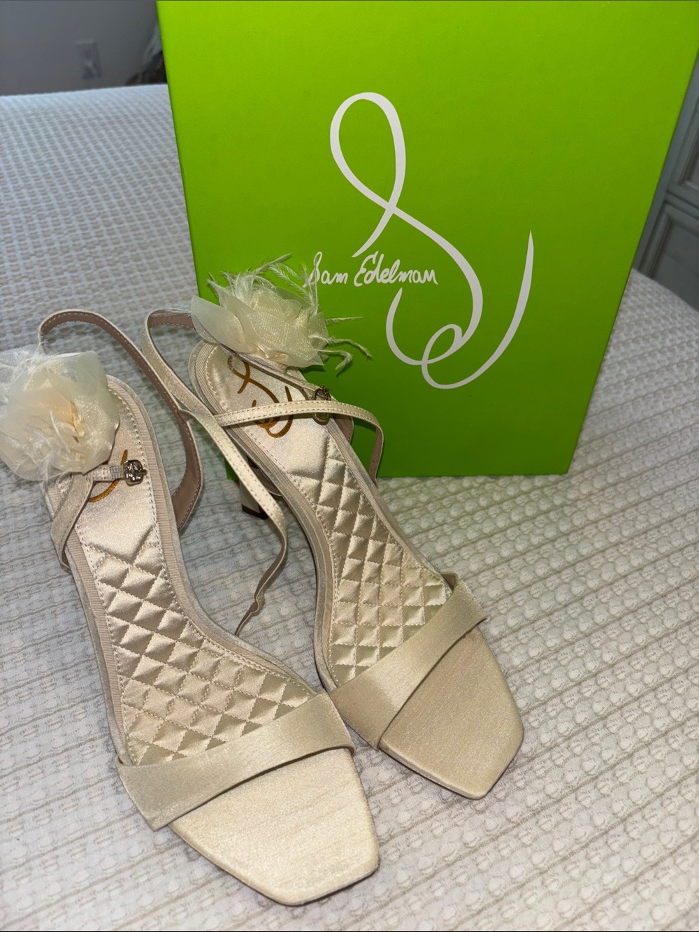 Sam Edelman Ivory Satin Slingback Heels with Floral Accent